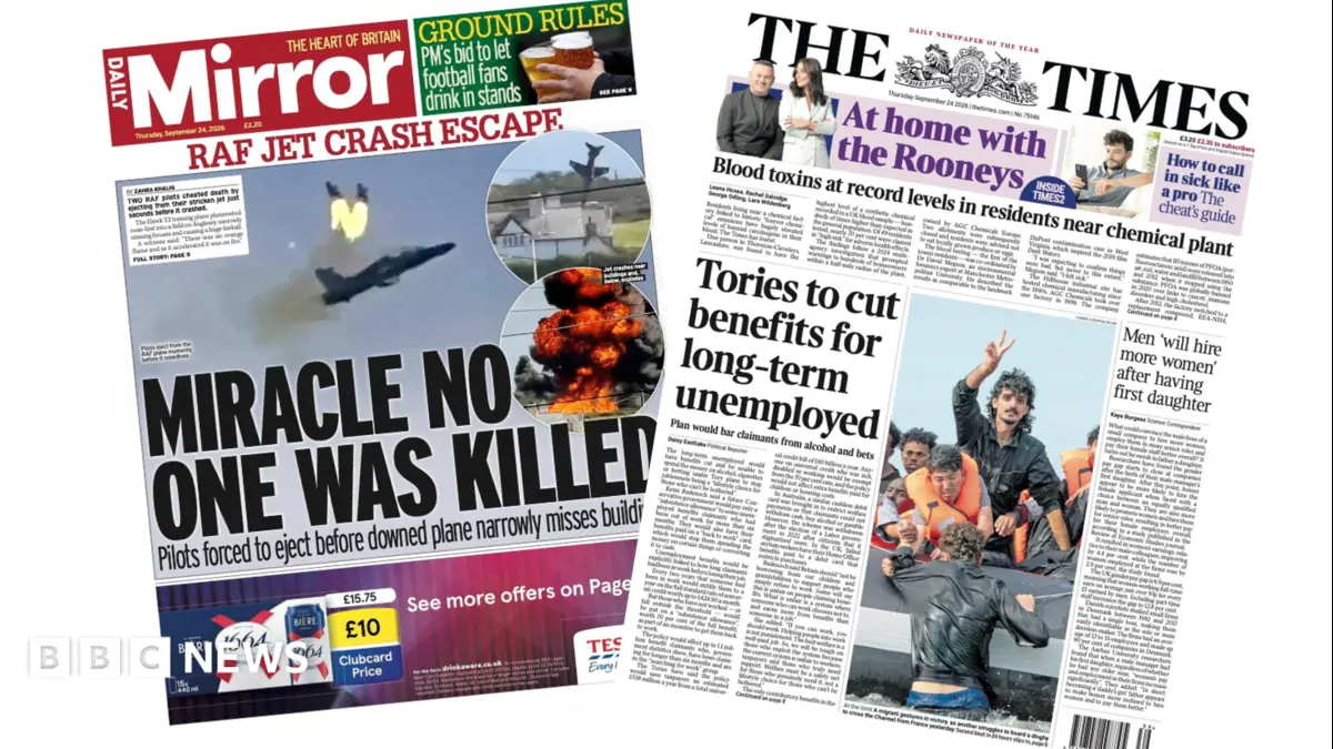 'RAF jet crash escape' and 'Tories to cut benefits'